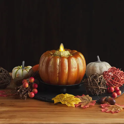 Miniatura 2 de Luminara - Vela LED de Halloween sin llama que funciona con pilas - Calabaza naranja dorada metálica - Paquete de 1-5x4.5 - Uso en interiores sin