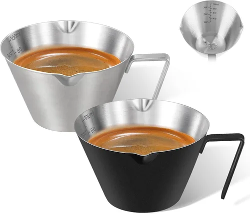 Miniatura 11 de 2 piezas de tazas de espresso de acero inoxidable con asa, taza medidora de metal de doble boquilla con doble escala, taza de espresso con boca