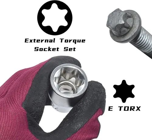 Miniatura 3 de E-Torx Juego de zócalos, 14 piezas hembra E-Torx Star Socket Set, 1/4" 3/8" 1/2" Drive, E4 a E24 Torque E Externo Juego de zócalos, 14pcs Star