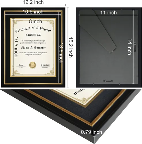 Miniatura 5 de Marco de diploma de 11 x 14 grados, madera maciza, vidrio inastillable para documentos, marco dorado negro de 8.5 x 11 pulgadas con paspartú