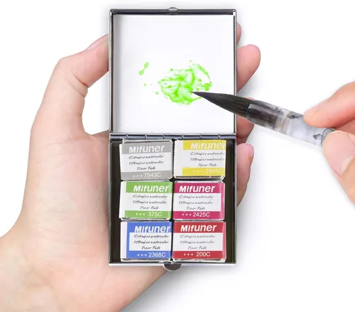 Miniatura 23 de Mini Juego de Caja de Lata de Viaje de Pintura de Acuarela de Artista Portátil Hecha a Mano con 6 Medias Bandejas Sólidas con Purpurina Nacarada