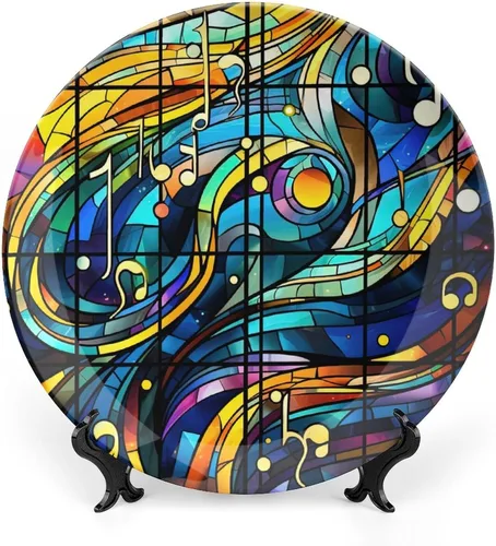 Miniatura 10 de Platos decorativos para decoración del hogar, notas musicales, bandeja decorativa con diseño de vitrales para mesa, plato de cena de cerámica