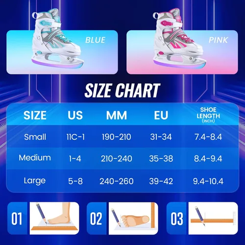 Miniatura 6 de Patines de hielo ajustables para niños, niñas y niños, 4 tamaños ajustables para principiantes, patines de hockey sobre hielo para jóvenes y Azul