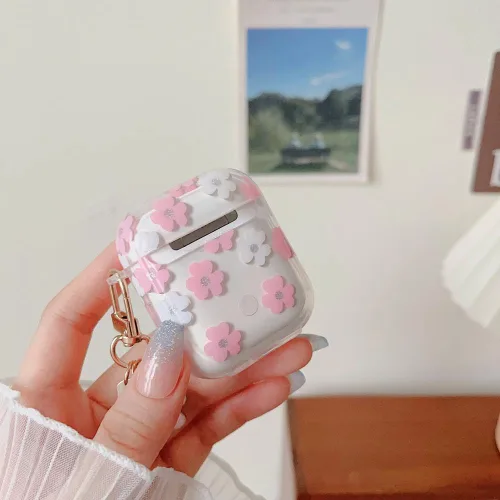 Miniatura 5 de MINSCOSE Funda transparente compatible con AirPods 1/2, bonito diseño de patrón de flores de dibujos animados con llavero floral, funda protectora