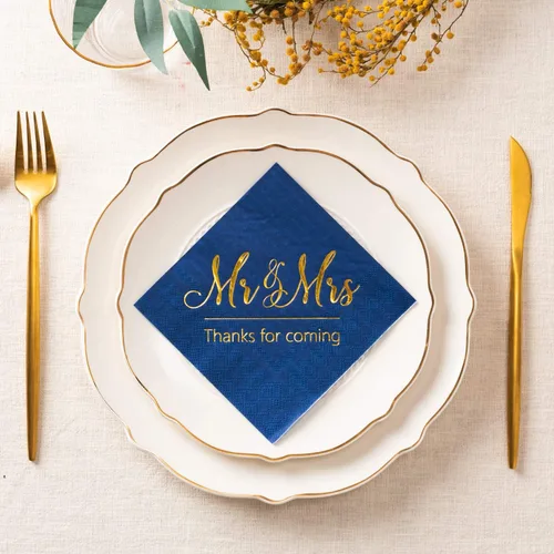 Miniatura 2 de Crisky Servilletas de boda Mr Mrs Bule - Servilletas doradas de postre para boda, ducha, compromiso, fiestas, 100 unidades, 3 capas