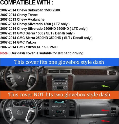 Miniatura 2 de Alfombrilla para salpicadero compatible con Chevy Tahoe Suburban Denali Avalanche 07-14, GMC Yukon/XL, Chevy Silverado Sierra 07-13 sin altavoz