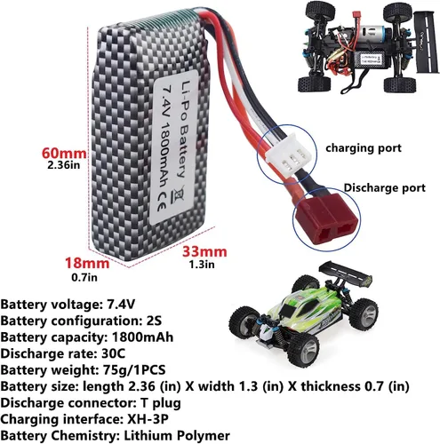 Miniatura 2 de Batería de litio de alta velocidad con cabezal en T de 7.4 V 1800 mAh con cargador 2 en 1 para WLTOYS A959-B A969-B A979-B K929-B 144001 RC batería