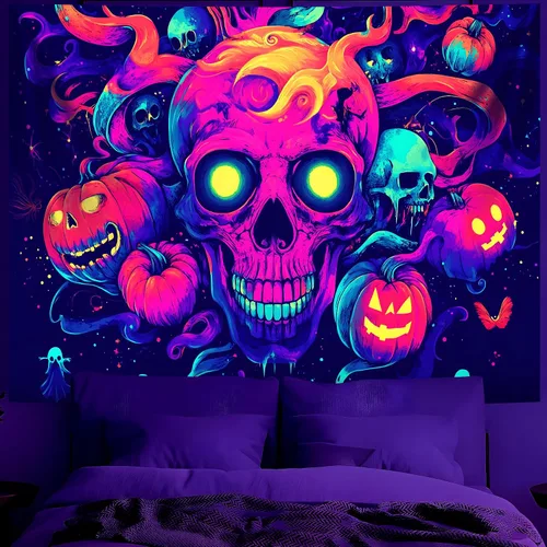 Miniatura 18 de BVBOX Tapiz de Halloween con luz negra, reactivo a los rayos UV que brilla en la oscuridad, póster de tapiz trippy con luz negra para sala de estar