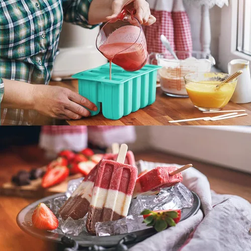 Miniatura 5 de Ozera Moldes para paletas de 10 cavidades, moldes de silicona para paletas, moldes de paletas caseras, moldes para paletas de hielo con 50 palitos