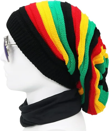 Miniatura 3 de Gorra unisex de Jamaica Reggae Rasta Slinky Beanie Multicolor a rayas Slouchy Baggie Beanie Skullies Gorro Rasta Hat, Negro