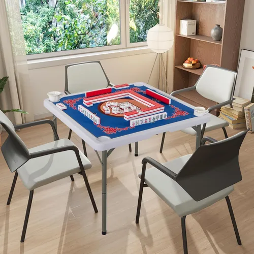 Miniatura 8 de Goplus Mesa de Mahjong, mesa plegable cuadrada de 35" con 4 portavasos, alfombrilla antideslizante, superficie de HDPE, patas de metal, mesa