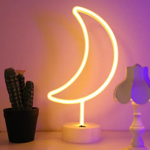 Miniatura 9 de ENUOLI lámpara de noche de neón LED de forma de luna blanca cálida con base de soporte, lámpara de neón de luna, alimentada por batería y USB, Moon