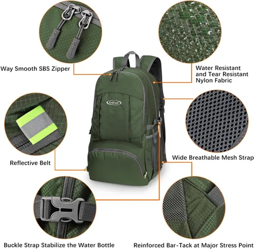 Miniatura 4 de G4Free Mochila de senderismo plegable ligera 40L, mochila de viaje impermeable Verde militar