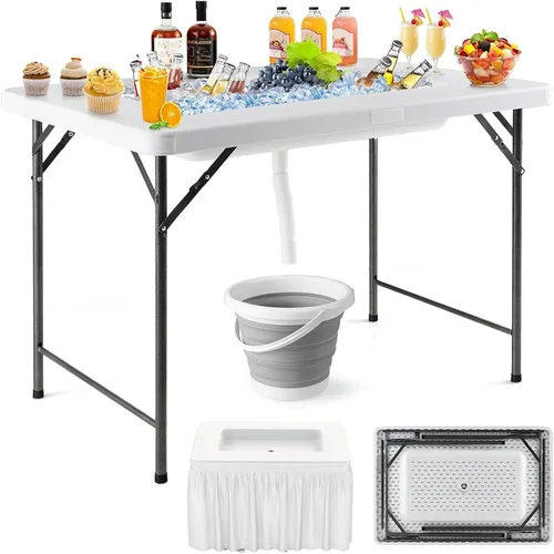 Miniatura 10 de Giantex Mesa enfriadora de hielo plegable, mesa de barra fría para exteriores de 46 pulgadas con drenaje, cubo plegable y falda extraíble a juego