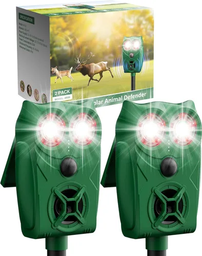 Repelente solar ultrasónico de animales con sensor de movimiento, dispositivo repelente de ciervos impermeable con luces LED para patio, eficaz