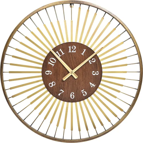 Miniatura 8 de Reloj de pared moderno de mediados de siglo de 24 pulgadas, diseño de metal de marco redondo con centro de madera de nogal, movimiento de cuarzo F