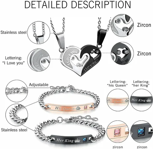 Miniatura 2 de Karlota Juego de pulseras con dije de acero inoxidable para parejas, con texto en inglés "I Love You" a juego, para novios, novias, novias, regalos
