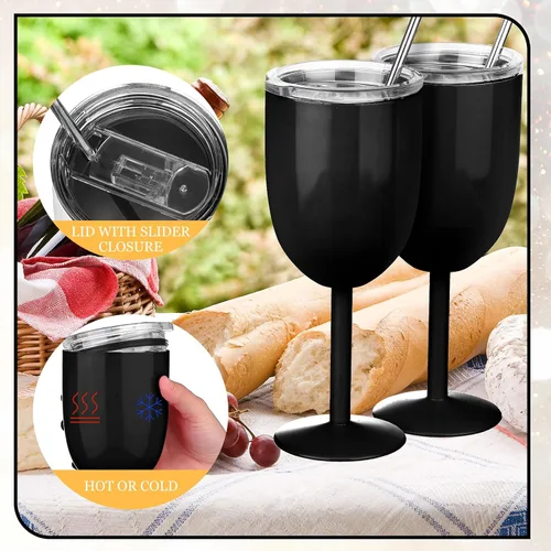 Miniatura 4 de Geiserailie - Paquete de 3 copas de vino de acero inoxidable de 10 onzas con tapa y pajilla, vaso de vino con aislamiento de doble pared con cepillo