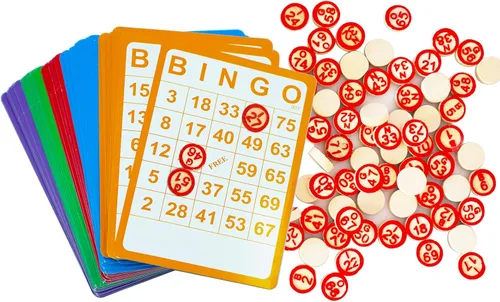 Yuanhe Juego de bingo vintage, 100 tarjetas de bingo y 75 ajedrez de madera, para fiestas familiares grandes