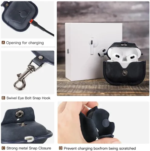 Miniatura 6 de Hiram - Funda de cuero genuino para AirPods de 3ª generación 2021, funda de viaje portátil de cuero de vaca de caballo loco para Airpods de 3ª