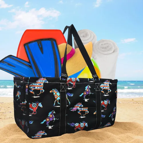 Miniatura 317 de NGIL Bolsa de comestibles reutilizable extra grande plegable de gran tamaño para comestibles, almacenamiento, picnic, playa, Bronco-negro occidental