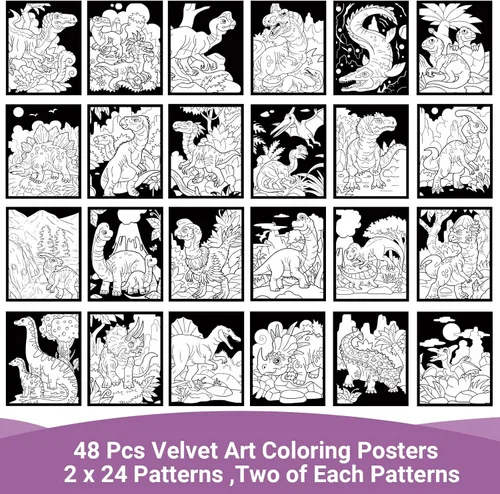 Miniatura 3 de HOTPLACY 48 Piezas Pósteres de Colorear de Terciopelo Difuso Dinosaurio Pósteres Difusos para Colorear para Adultos Adolescentes Póster Grande Hojas