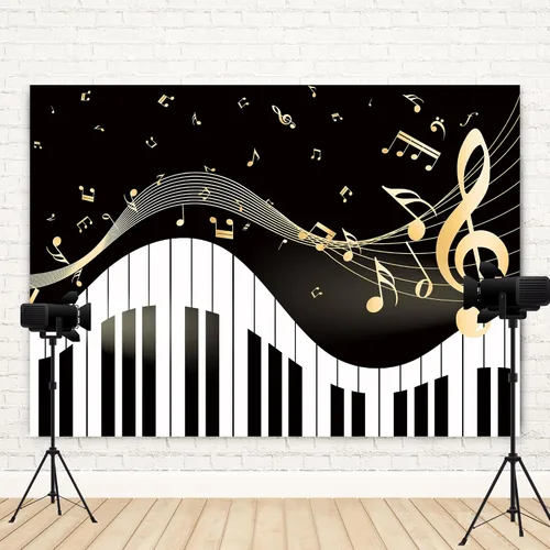Miniatura 7 de Newsely Fondo de Tema de Piano 7 pies de ancho x 5 pies de alto Fotografía Notas Musicales Doradas y Teclado de Piano Fondo Elegante Moderno de Moda