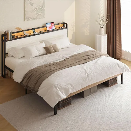 Miniatura 9 de LIKIMIO Base de cama tamaño King, cabecera de almacenamiento con luces LED y estación de carga, plataforma de metal, no necesita somier, sin ruido