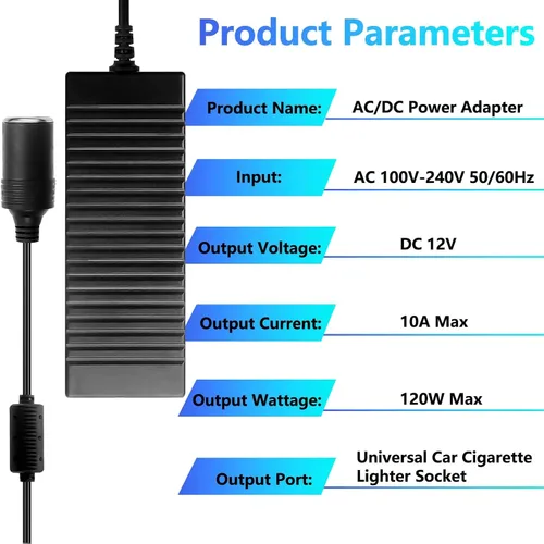 Miniatura 3 de Adaptador de fuente de alimentación de 110V-240V a 12V 120W/10A Enchufe de encendedor de cigarrillos de coche AC/DC para inflador de coche
