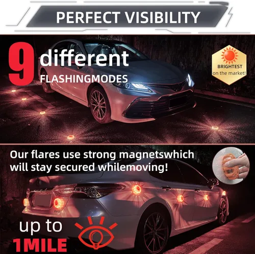 Miniatura 6 de Kit de bengalas LED de carretera para emergencia, kit de luces de emergencia para carretera con base magnética para vehículos y barcos 9 modos