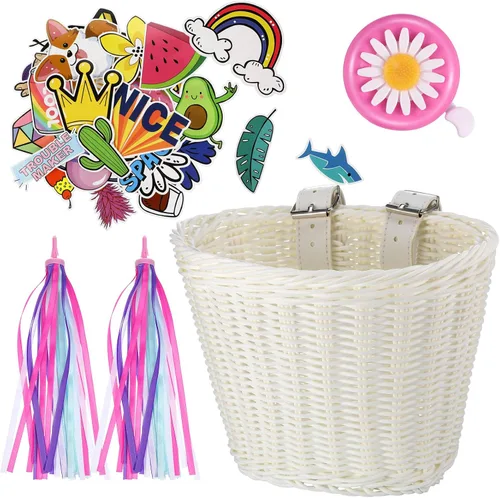 Miniatura 11 de Set de serpentinas para cesta de bicicleta para niños, cesta de mimbre para manillar de bicicleta con serpentinas de bicicleta coloridas, campana