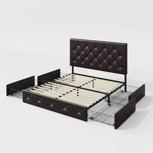 Miniatura 9 de Allewie - Base de cama tapizada con plataforma de tamaño Queen, con 4 cajones de almacenamiento y cabecera, botones cosidos en forma de diamante