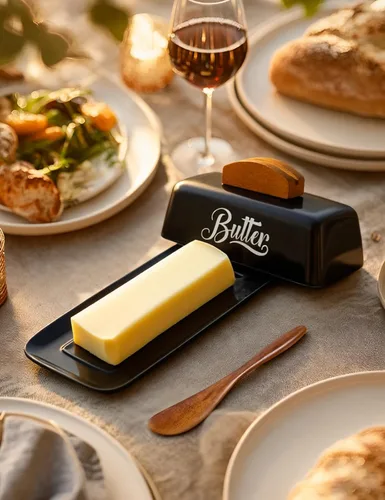Miniatura 8 de Mantequillera negra con tapa y cuchillo, bandeja de mantequilla negra, soporte de mantequilla de cerámica para mostrador humanizado con mango de Rojo