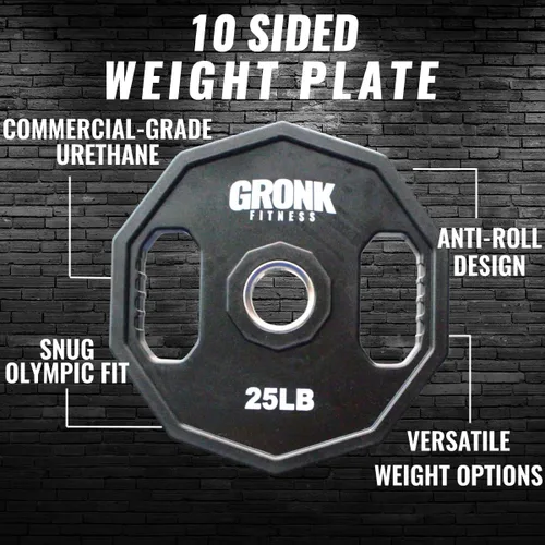 Miniatura 2 de Gronk Fitness Placas de pesas olímpicas de uretano de 10 lados Pesas duraderas para gimnasios domésticos y comerciales Diseño no rodante