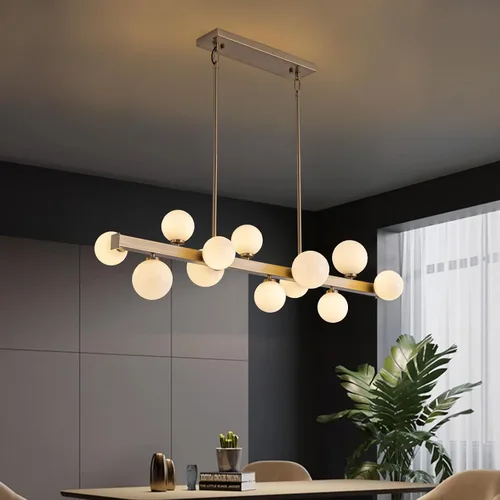 Miniatura 11 de Candelabro de mediados de siglo, lámpara colgante Sputnik de latón dorado con pantalla de lámpara de vidrio blanco, Candelabros lineales de globo