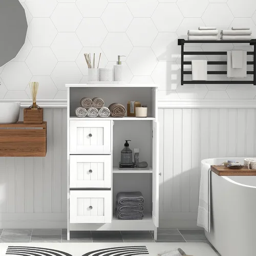 Miniatura 6 de Armario de piso de baño blanco de 39.4 pulgadas de alto, gabinete de almacenamiento independiente, organizador de almacenamiento lateral con 3
