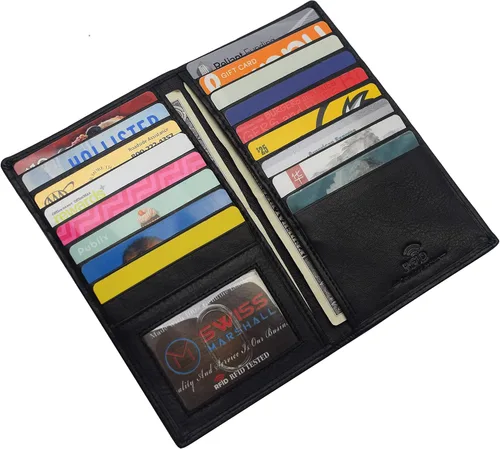 Miniatura 5 de RFID bloqueo doble cuero genuino tarjeta de crédito titular de identificación cartera larga, CN Negro, Bifold