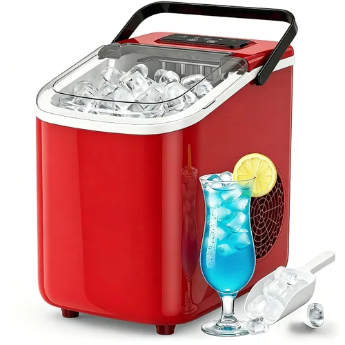 Máquina de hielo para encimera con asa, pequeña máquina de hielo portátil autolimpiante con cesta y cuchara, 26 libras/24 horas, 9 cubitos de hielo
