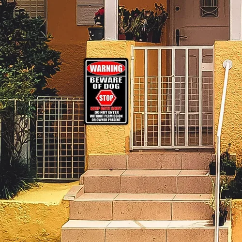 Miniatura 5 de Letreros de metal con texto en inglés "Beware Of Dog" para valla (paquete de 2) letreros de metal para decoración de perros, advertencia de jardín