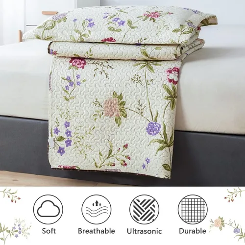 Miniatura 7 de Green Essen Colchas Florales Vintage Tamaño Full/Queen Colcha Ligera Rústica Botánica Ropa de Cama Plantas de Jardín Floración Juego de Colcha