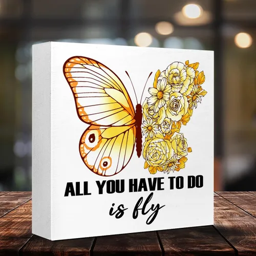 Miniatura 3 de LVQHI Letreros de madera inspiradores, placa de madera con texto en inglés "All You Have To Do Is Fly", decoración de mariposa, letrero motivacional
