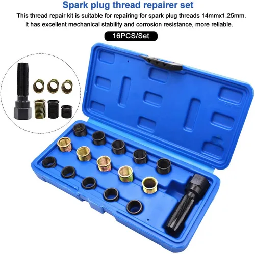Miniatura 3 de CALIDAKA Kit de reparación de bujías de acero al carbono, 16 Uds. Herramientas de reparación de roscas M14 X 1.25 con estuche portátil