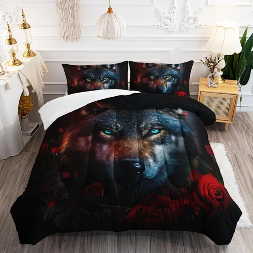Miniatura 29 de AILONEN Juego de edredón con cabeza de lobo impresa tamaño individual, juego de ropa de cama de lobo para la noche para niños y hombres, juego