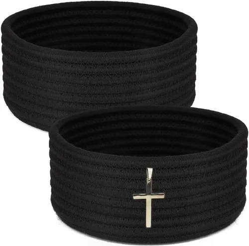 Miniatura 8 de Paquete de 2 cestas pequeñas de almacenamiento tejidas, cubos de algodón redondos de 7.5 pulgadas para organizar joyas, accesorios de escritorio