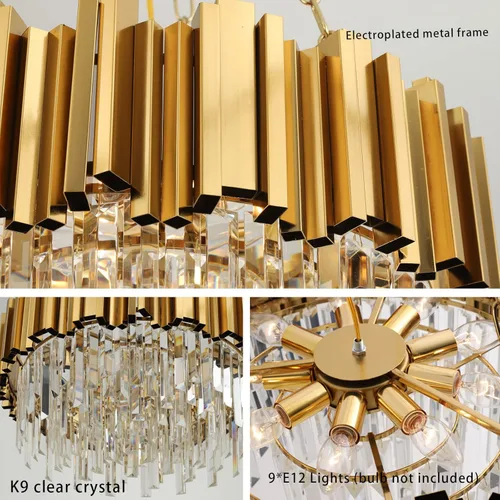 Miniatura 4 de Lámpara de araña moderna de cristal, 9 luces, lámpara de araña dorada, lámpara de comedor, sala de estar, dormitorio, vestíbulo, pasillo, candelabro
