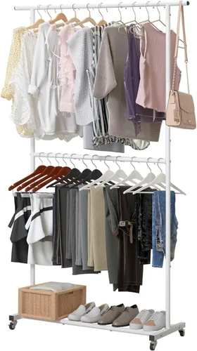 Miniatura 9 de Sywhitta Perchero de ropa de doble barra, colgador de abrigos rodante con malla inferior, perchero para colgar ropa, abrigos, faldas, suéteres