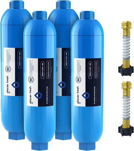 GLACIER FRESH Filtro de agua RV/Marine con 2 protectores de manguera flexibles, reduce en gran medida el mal sabor, olores, cloro y sedimentos en