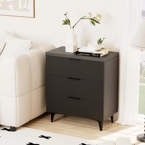 Miniatura 6 de Royal Windsor Mesita de noche acanalada con 3 cajones, mesa auxiliar lateral, armario de almacenamiento de acento, mesita de noche moderna