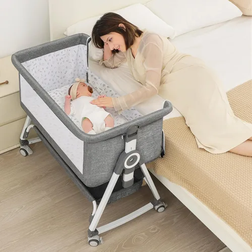 Cuna para bebé, moisés junto a la cama, 4 en 1 con ruedas con candado, mosquitero, cuna portátil plegable ajustable para recién nacido, gris