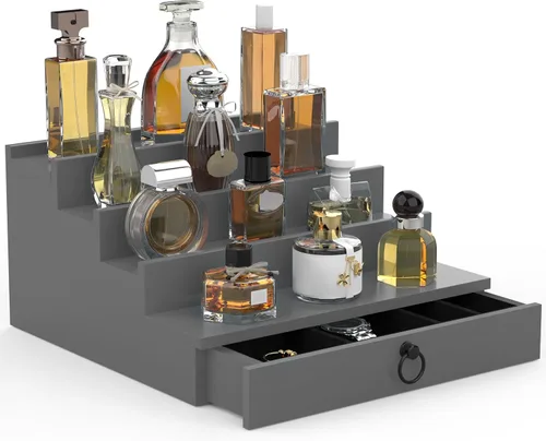 Miniatura 15 de Organizador de colonia upcessory para hombres, organizador de perfume de madera negra de 4 niveles con cajón forrado de fieltro y compartimento